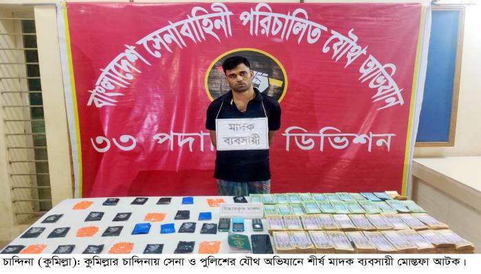 চান্দিনায় ৫২ লক্ষ টাকা ও সাড়ে ৩ হাজার ইয়াবাসহ শীর্ষ মাদক ব্যবসায়ী আটক