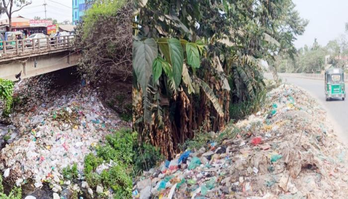 বাগমারা বাজারের ময়লা নদী ও সড়কপাড়ে; বাড়ছে দূষণ